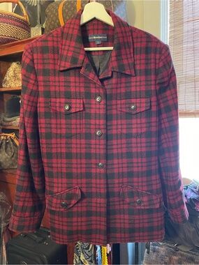 Wool-Blend Red & Black Plaid Utility Jacket